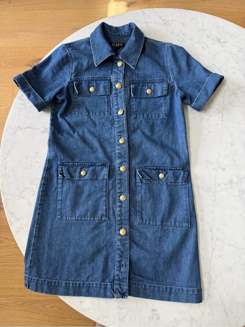 J.Crew Denim Shirt Dress Size 2 Gold Button Short Sleeve Mini Dress